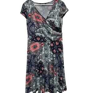 Oxiuly Fashion Women's Blue Green Paisley Cross V-Neck Cap Sleeve Dress‎ Size XL